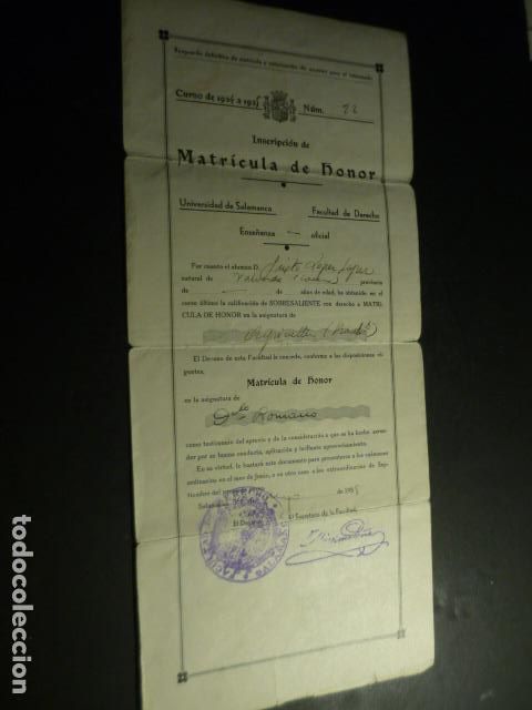 Coleccionismo: SALAMANCA UNIVERSIDAD INSCRIPCION MATRICULA DE HONOR 1935 NATURAL DE VALVERDE DEL FRESNO CACERES