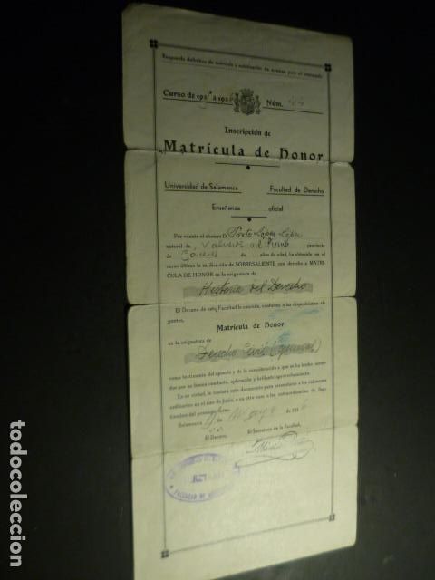 Coleccionismo: SALAMANCA UNIVERSIDAD INSCRIPCION MATRICULA DE HONOR 1935 NATURAL DE VALVERDE DEL FRESNO CACERES