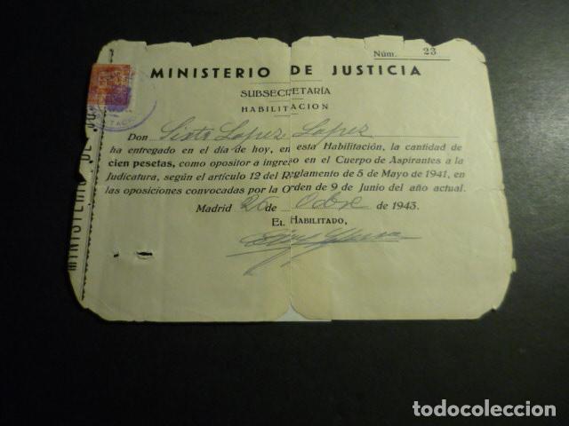 Coleccionismo: MADRID 1943 RECIBO CUERPO ASPIRANTES JUDICATURA NATURAL DE VALVERDE DEL FRESNO CACERES
