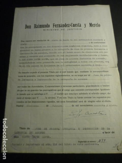 Coleccionismo: TITULO NOMBRAMIENTO JUEZ 1&ordf; INSTANCIA FIRMA RAIMUNDO FDEZ CUESTA A NATURAL DE VALVERDE DEL FRESNO