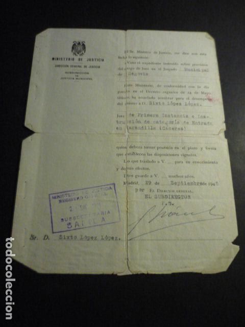 Coleccionismo: SEGOVIA 1945 NOMBRAMIENTO JUEZ NATURAL DE VALVERDE DEL FRESNO CACERES