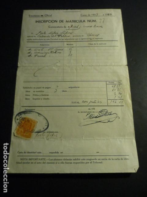 Coleccionismo: UNIVERSIDAD DE SALAMANCA 1939 INSCRIPCION MATRICULA NATURAL DE VALVERDE DEL FRESNO CACERES