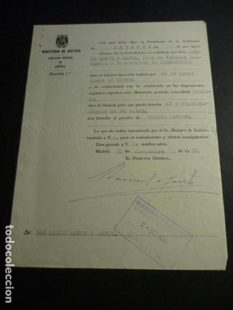 Coleccionismo: ZARAGOZA 1950 LICENCIAPOR ENFERMEDAD A JUEZ NATURAL DE VALVERDE DEL FRESNO CACERES