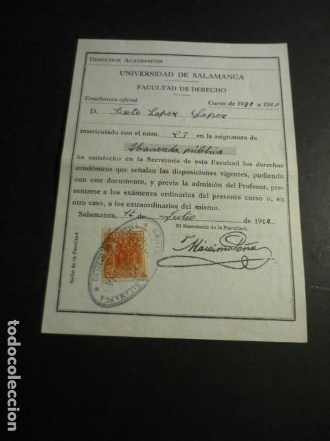 Coleccionismo: UNIVERSIDAD SALAMANCA MATRICULA Y CALIFICACION 1939 1940 ALUMNO NATURAL DE VALVERDE DEL FRESNO