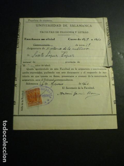 Coleccionismo: UNIVERSIDAD SALAMANCA MATRICULA Y CALIFICACION 1940 ALUMNO NATURAL DE VALVERDE DEL FRESNO
