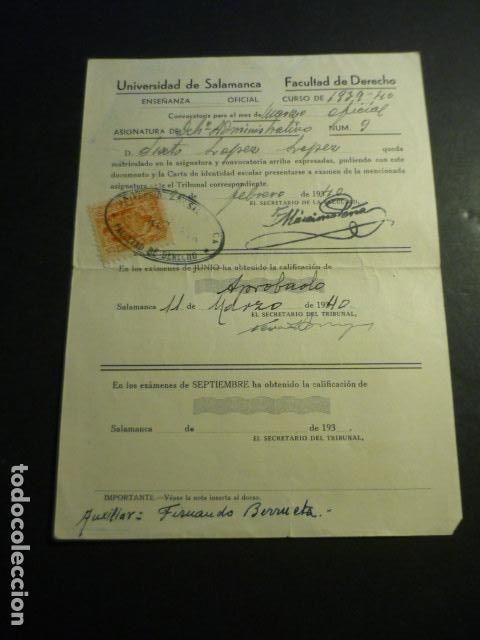 Coleccionismo: UNIVERSIDAD SALAMANCA MATRICULA Y CALIFICACION 1940 ALUMNO NATURAL DE VALVERDE DEL FRESNO