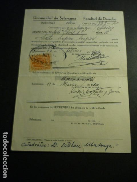 Coleccionismo: UNIVERSIDAD SALAMANCA MATRICULA Y CALIFICACION 1940 ALUMNO NATURAL DE VALVERDE DEL FRESNO