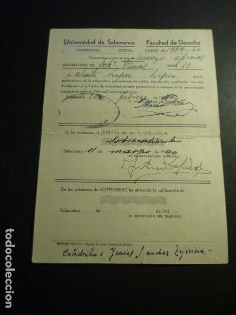 Coleccionismo: UNIVERSIDAD SALAMANCA MATRICULA Y CALIFICACION 1940 ALUMNO NATURAL DE VALVERDE DEL FRESNO