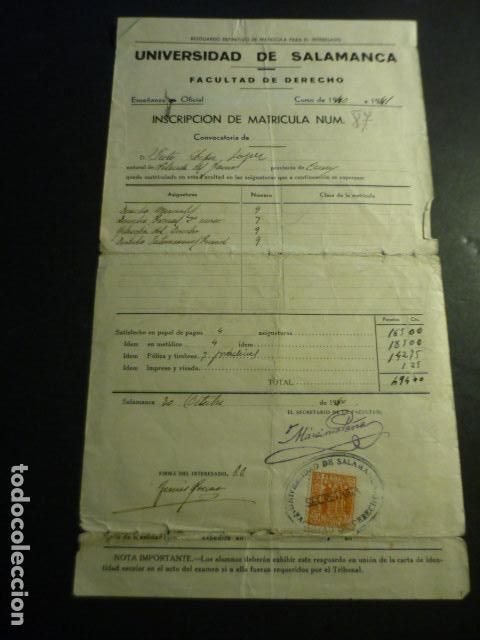 Coleccionismo: UNIVERSIDAD SALAMANCA INSCRIPCION MATRICULA 1940 ALUMNO NATURAL DE VALVERDE DEL FRESNO