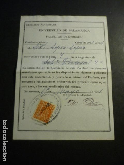 Coleccionismo: UNIVERSIDAD SALAMANCA MATRICULA Y CALIFICACION 1940 ALUMNO NATURAL DE VALVERDE DEL FRESNO CACERES