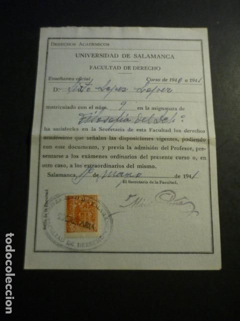 Coleccionismo: UNIVERSIDAD SALAMANCA MATRICULA Y CALIFICACION 1940 ALUMNO NATURAL DE VALVERDE DEL FRESNO CACERES