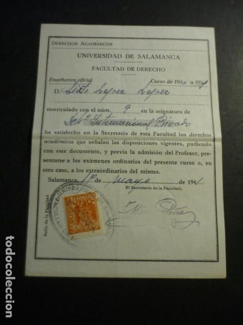 Coleccionismo: UNIVERSIDAD SALAMANCA MATRICULA Y CALIFICACION 1940 ALUMNO NATURAL DE VALVERDE DEL FRESNO CACERES