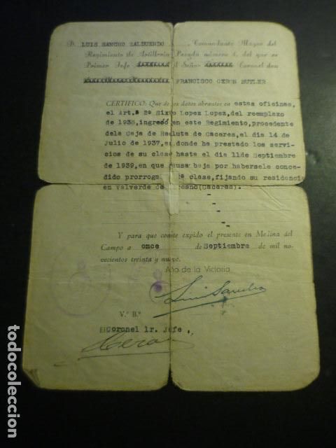 Coleccionismo: MEDINA DE CAMPO 1939 DOCUMENTO LICENCIA A SOLDADO DE VALVERDE DEL FRESNO CACERES