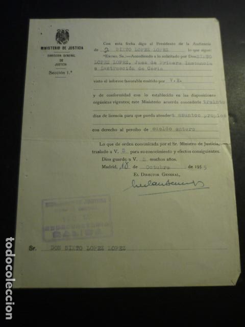 Coleccionismo: CORIA CACERES SOLICITUD LICENCIA A JUEZ NATURAL DE VALVERDE DEL FRESNO 1955