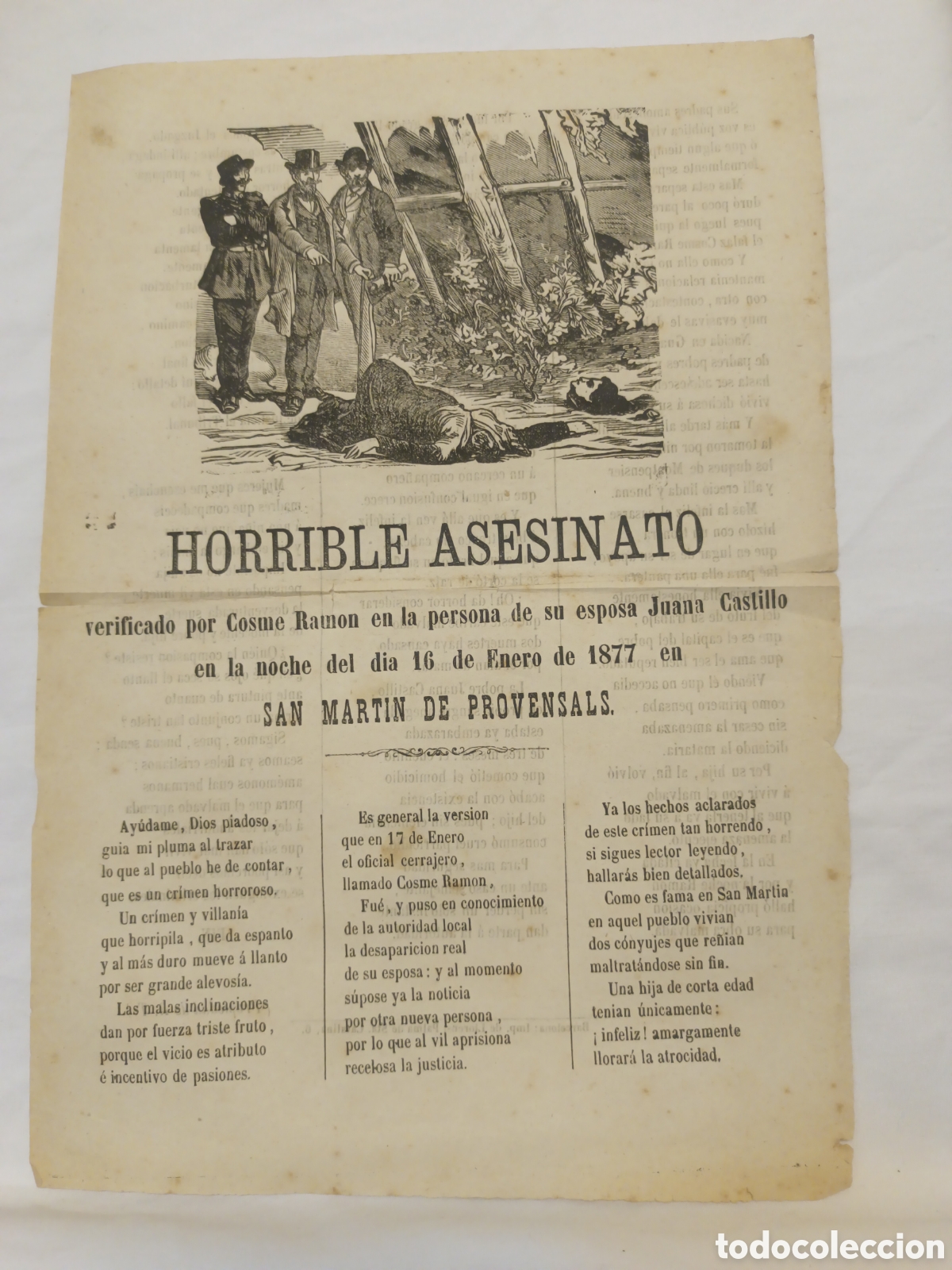 Coleccionismo: PLIEGO DE CORDEL - ROMANCE - HORRIBLE ASESINATO - A&Ntilde;O 1877 - 21 X 31 CM