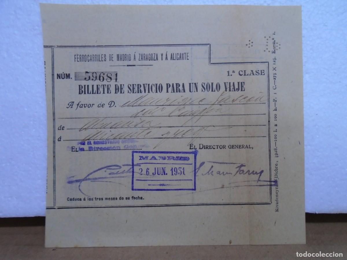 Coleccionismo: FERROCARRILES DE LA CIA.M.Z.A.BILLETE DE SERVICIO PARA UN SOLO VIAJE,A&Ntilde;O 1931.