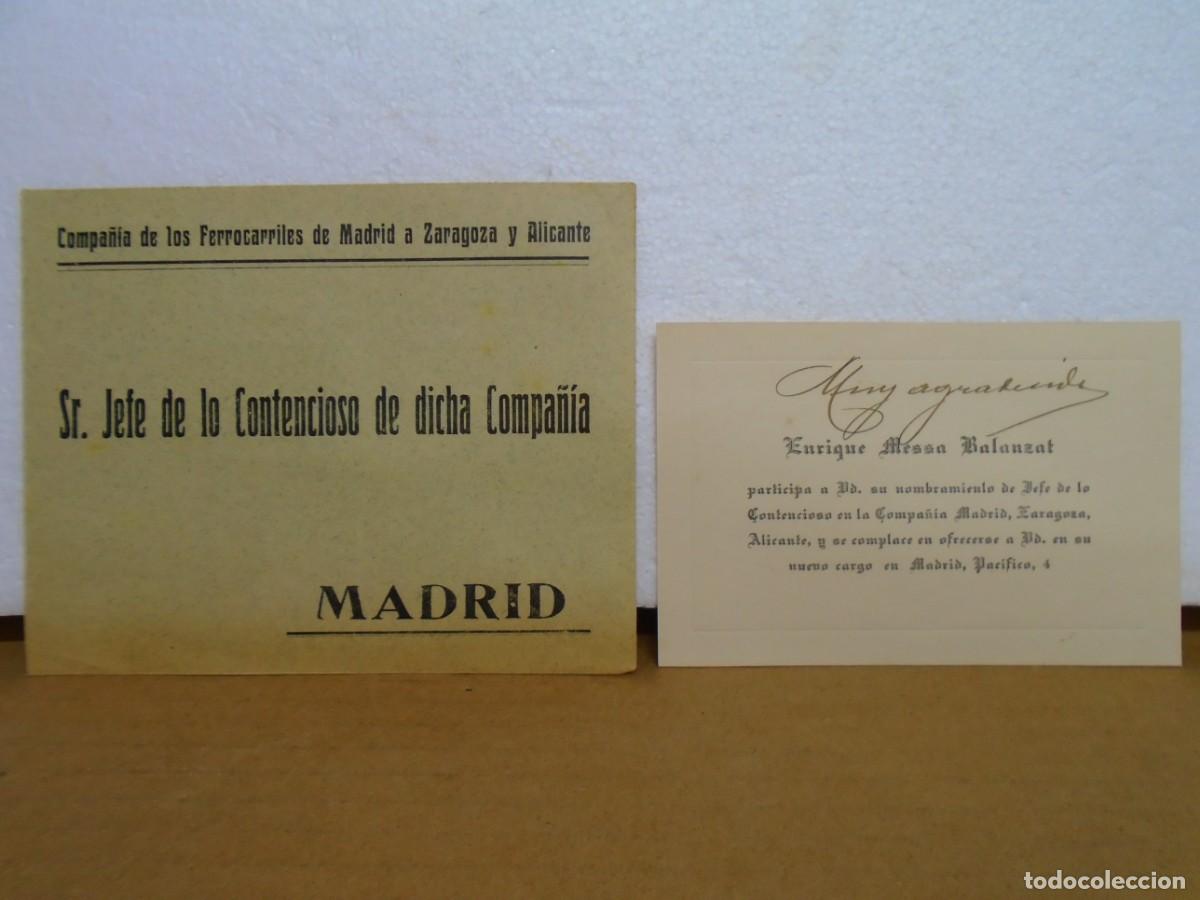 Collezionismo: FERROCARRILES DE LA CIA.M.Z.A.NOMBRAMIENTO DEL SR.JEFE DE LO CONTENCIOSO.TARJETA Y SOBRE.