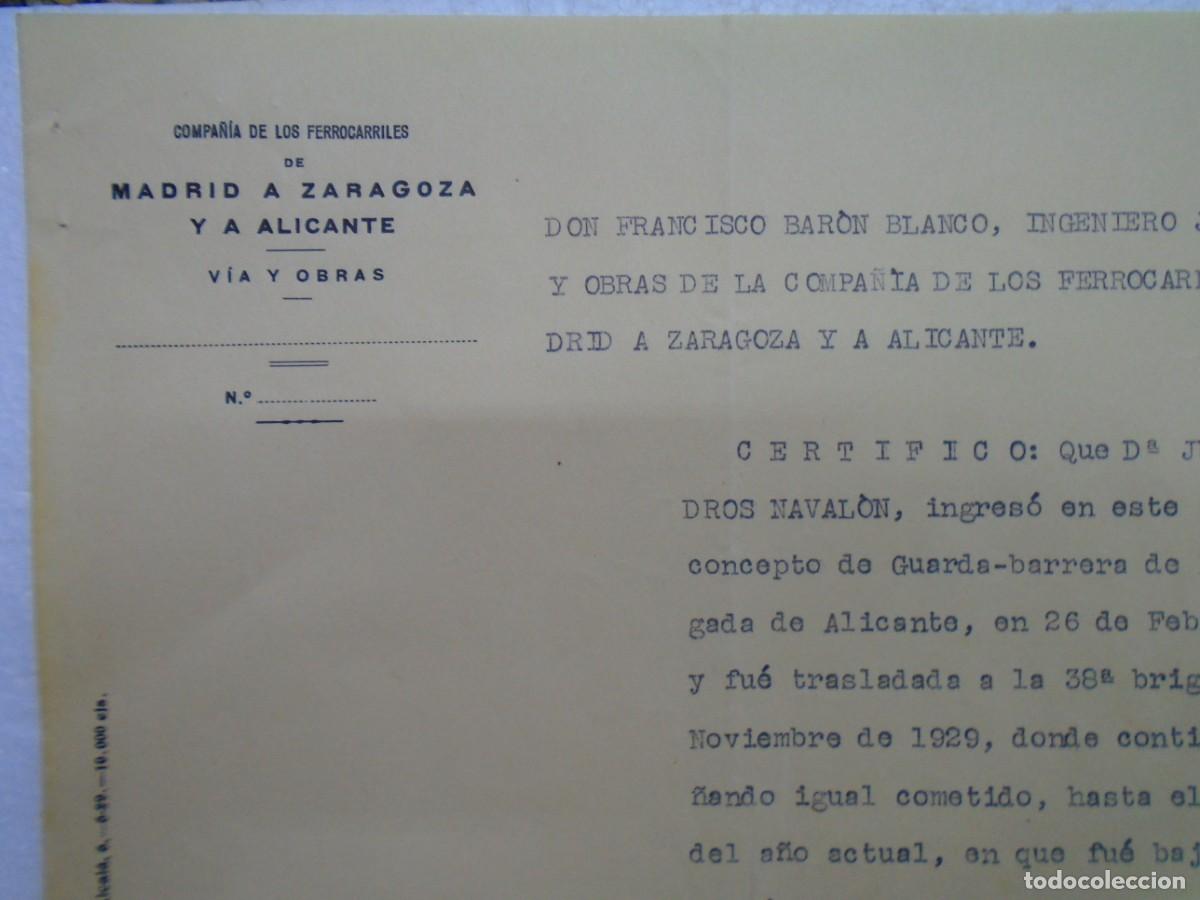 Colecionismo: NOVELDA(ALICANTE) DE LA CIA.M.Z.A.VIA Y OBRAS.CERTIFICADO DE GUARDA-BARRERA 1930.