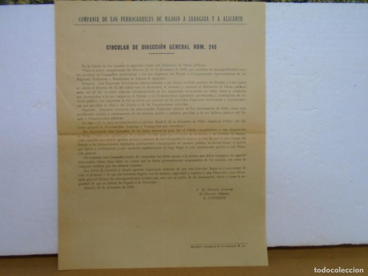 Colecionismo: NOVELDA(ALICANTE) DE LA CIA.M.Z.A.CIRCULAR DE DIRECCION GENERAL.MADRID 24/12/1932.