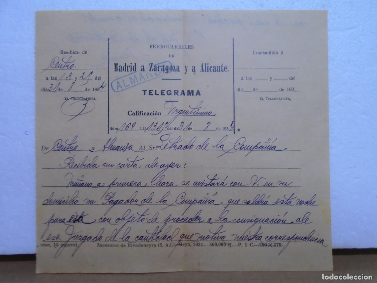 Coleccionismo: FERROCARRILES DE LA CIA.M.Z.A.TELEGRAMA,ESTACION DE ALMANSA.31/8/1934.
