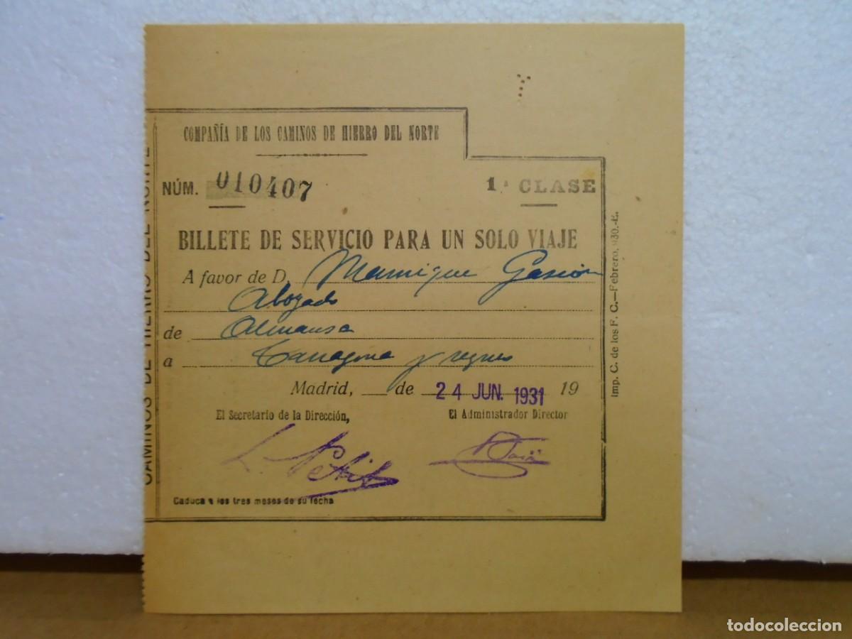 Collecting paper: COMPA&Ntilde;IA DE LOS CAMINOS DE HIERRO DEL NORTE DE ESPA&Ntilde;A.BILLETE DE UN SOLO VIAJE 1931.