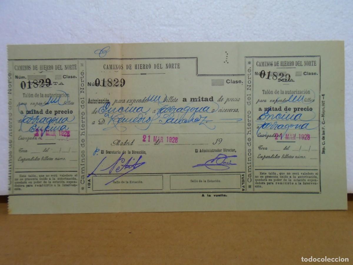 Collectionnisme: COMPA&Ntilde;IA DE LOS CAMINOS DE HIERRO DEL NORTE DE ESPA&Ntilde;A.BILLETE IDA Y VUELTA 1928.