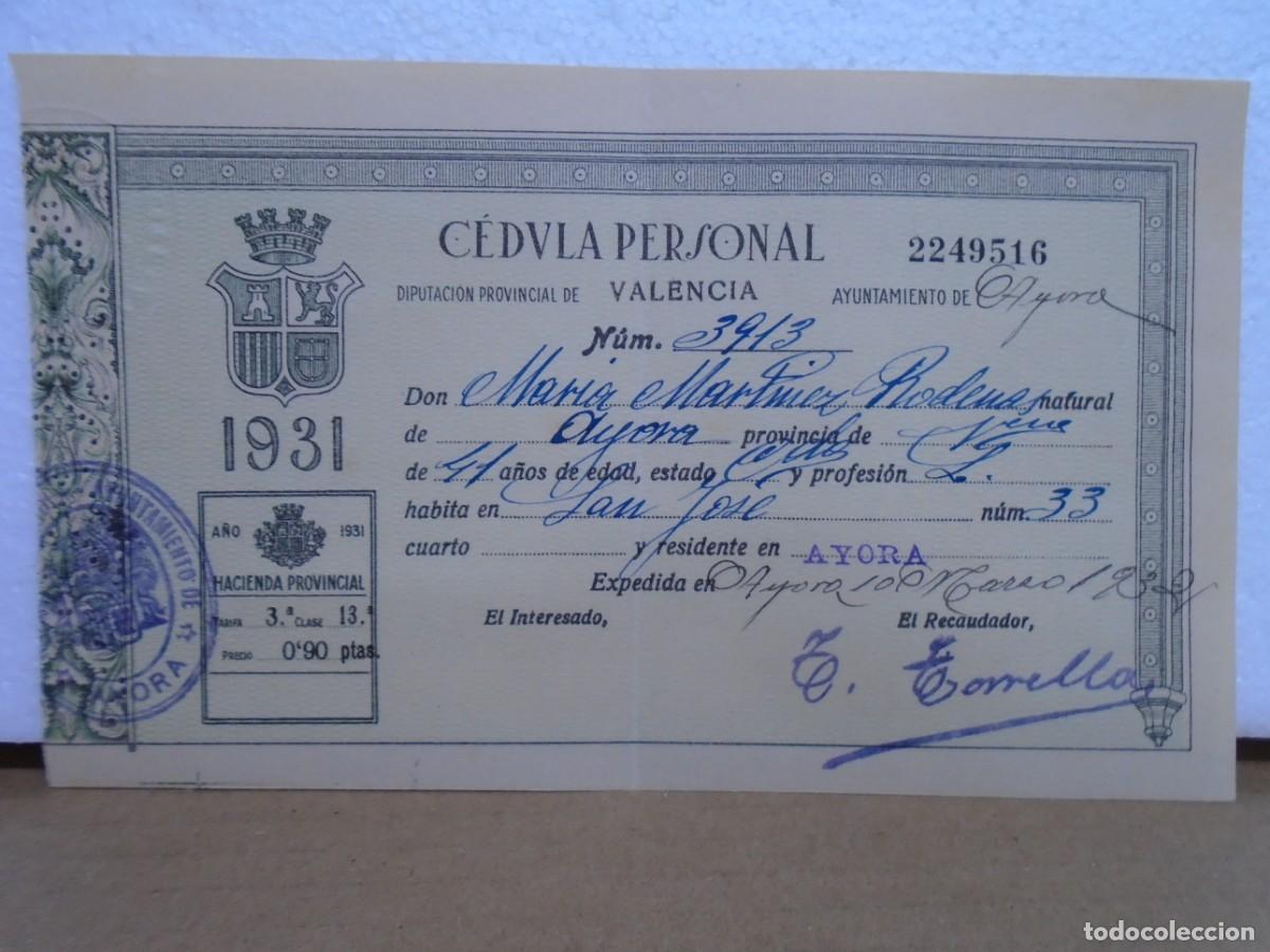 Coleccionismo: REP&Uacute;BLICA/CEDULA PERSONAL/AYORA-VALENCIA/1931.