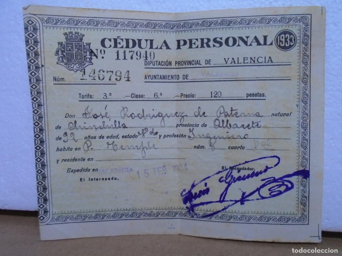 Coleccionismo: REP&Uacute;BLICA/CEDULA PERSONAL/VALENCIA/1933/CEDULA DE INGENIERO DE CHINCHILLA.