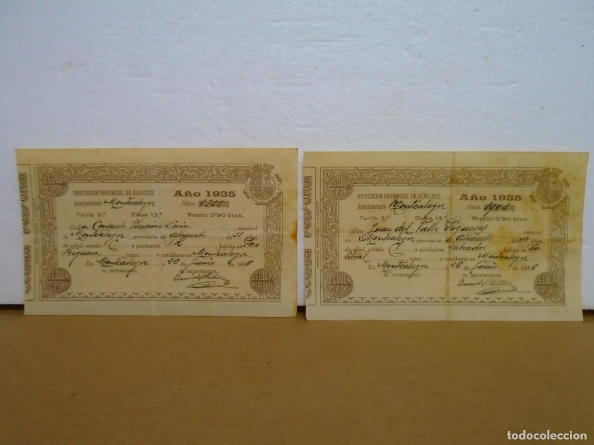 Coleccionismo: REP&Uacute;BLICA/CEDULAS PERSONALES/MONTEALEGRE-ALBACETE/1935.