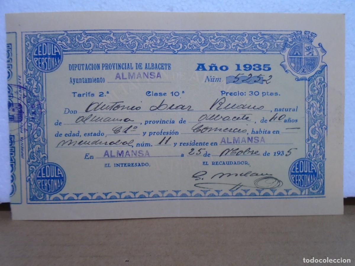 Coleccionismo: REP&Uacute;BLICA/CEDULA PERSONAL/ALMANSA-ALBACETE/1935.