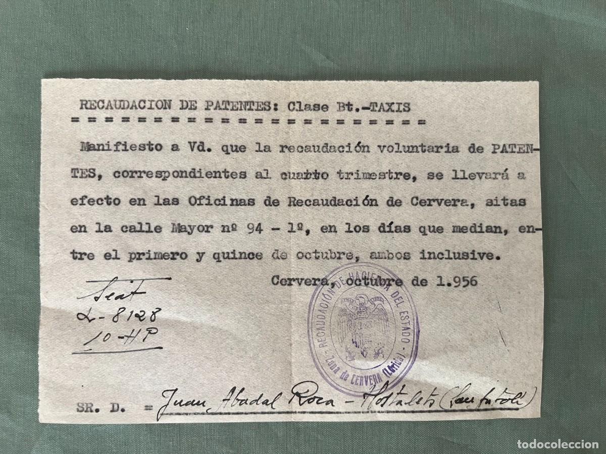 Coleccionismo: AVISO RECAUDACI&Oacute;N DE LA PATENTE o PERMISO DE CIRCULACI&Oacute;N PARA TAXI SEAT MATRICULA L 8128