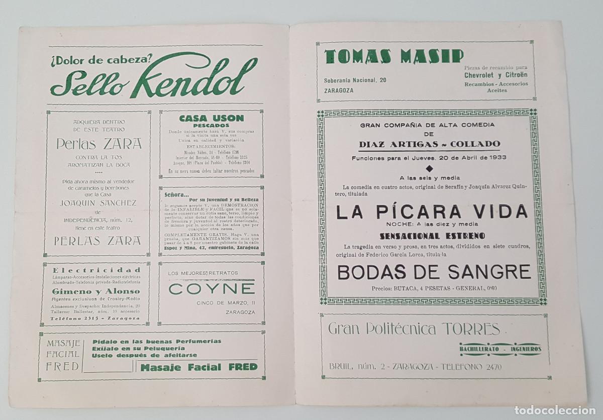 Coleccionismo: FOLLETO D&Iacute;PTICO ESTRENO BODAS DE SANGRE EN TEATRO PRINCIPAL ZARAGOZA 1933, FEDERICO GARC&Iacute;A LORCA