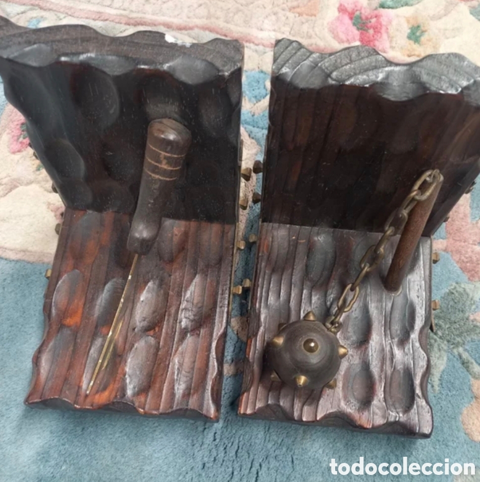 Coleccionismo: Sujetalibros Medievales Vintage - Madera y Metal (Hecho en Espa&ntilde;a)
