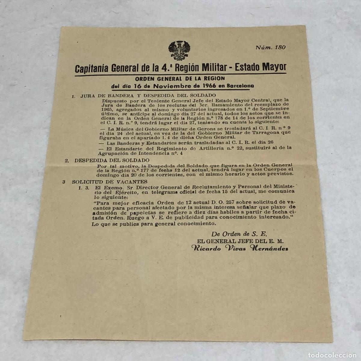 Coleccionismo: ORDEN GENERAL DE LA REGION - 4&ordf; REGI&Oacute;N MILITAR -ESTADO MAYOR -JURA BANDERA Y DESPEDIDA -1966 / 1122