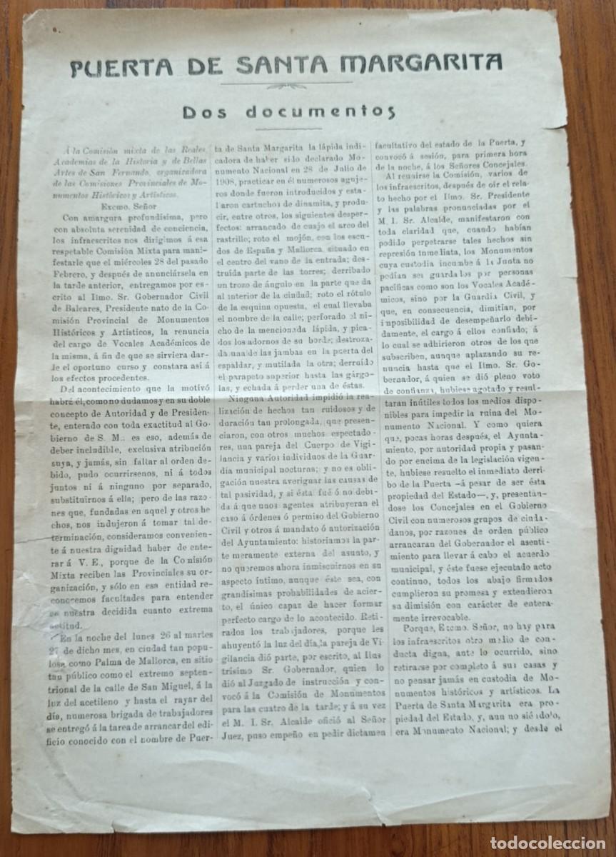 Coleccionismo: DERRIBO DE LA PUERTA DE SANTA MARGARITA. DOS DOCUMENTOS. PALMA DE MALLORCA, 1912.