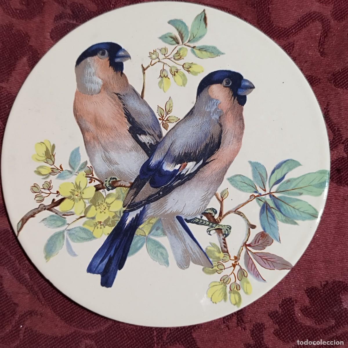 Coleccionismo: PLACA DE HIERRO CON ESCENA DE PAREJA DE PAJAROS CON FLORES DIAMETRO: 14 cm