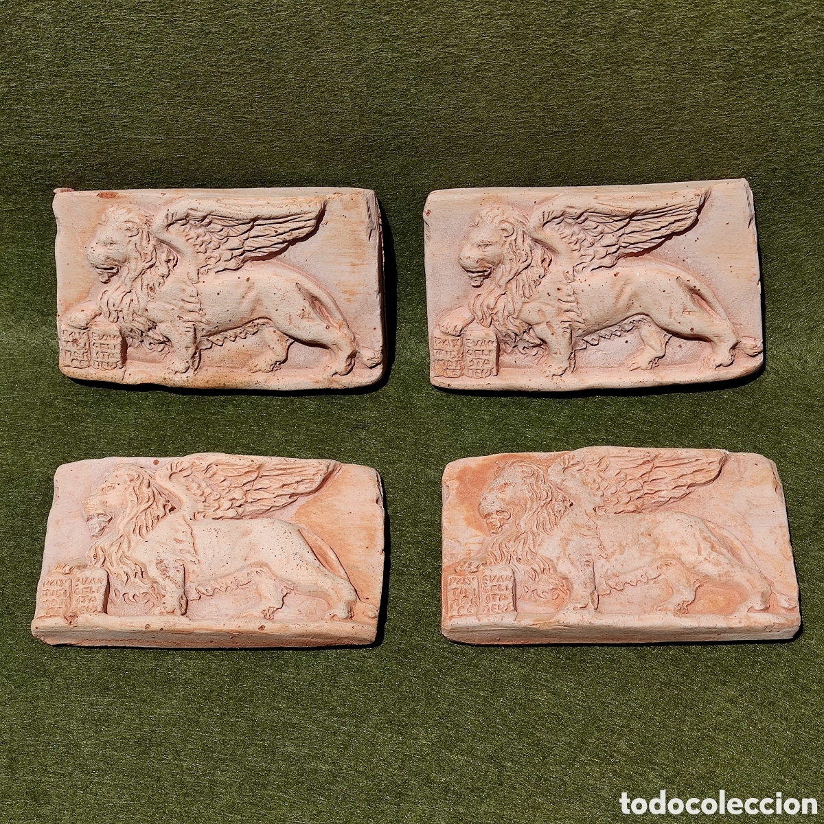 Coleccionismo: Lote 4 bajorrelieve terracota Le&oacute;n Venecia San Marcos con evangelio