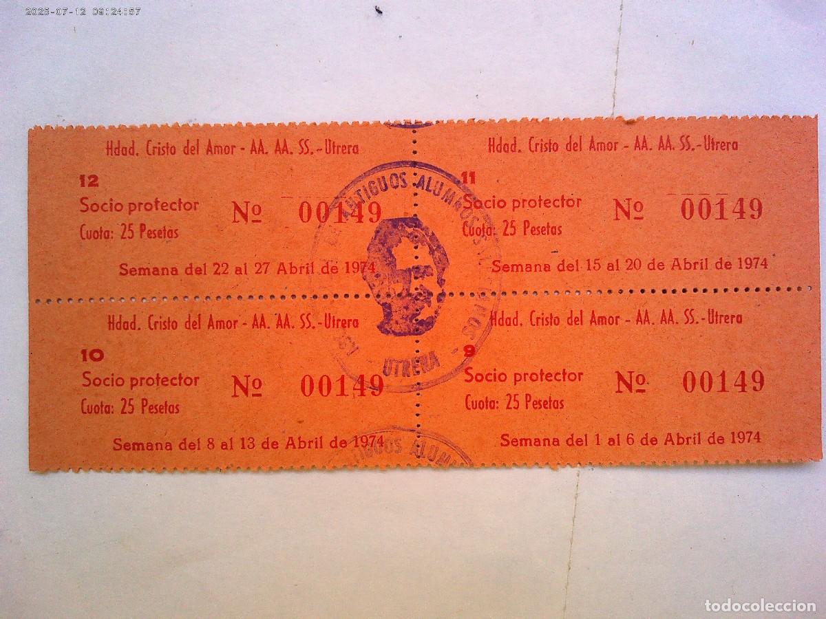 Collecting paper: HERMANDAD CRISTO DEL AMOR - ANTIGUOS ALUMNOS SALESIANOS DE UTRERA : CUOTAS , 1974