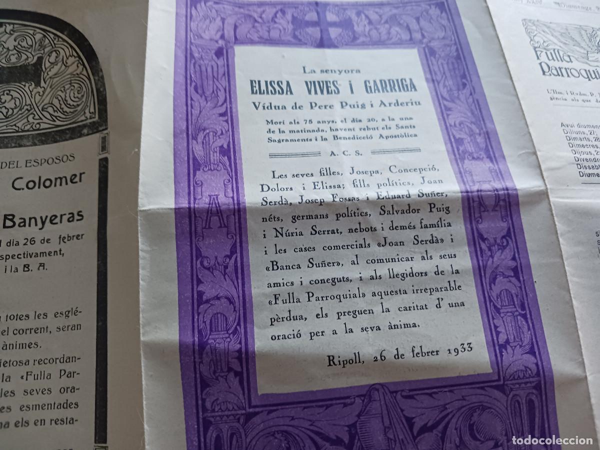 Coleccionismo: triptic fulla parroquial de santa maria de ripoll 1933, amb esqueles mortuories