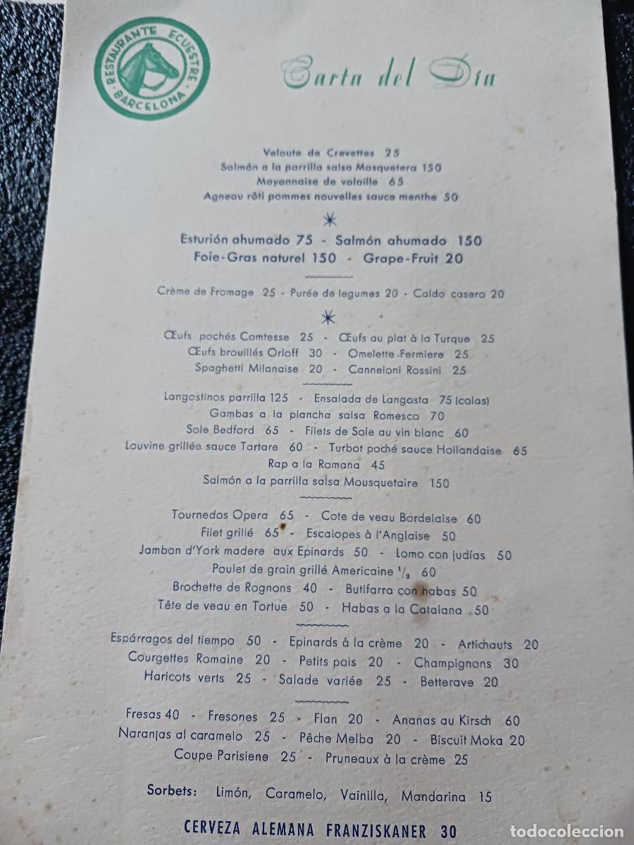 Coleccionismo: CARTA DEL DIA DEL RESTAURANTE ECUESTRE DE BARCELONA
