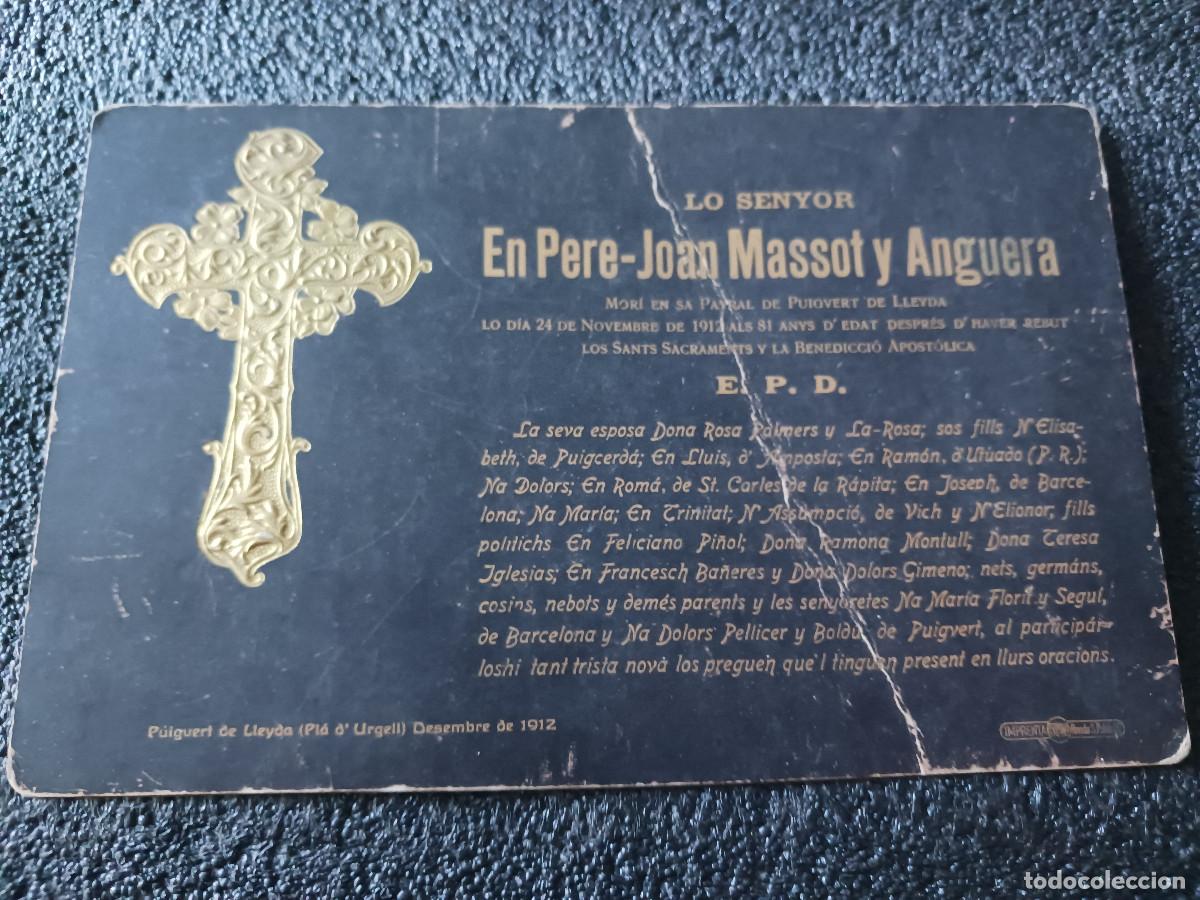 Coleccionismo: Antiguo y grande recordatorio de defuncion, puigvert de lleyda 1912, carton duroen catalan