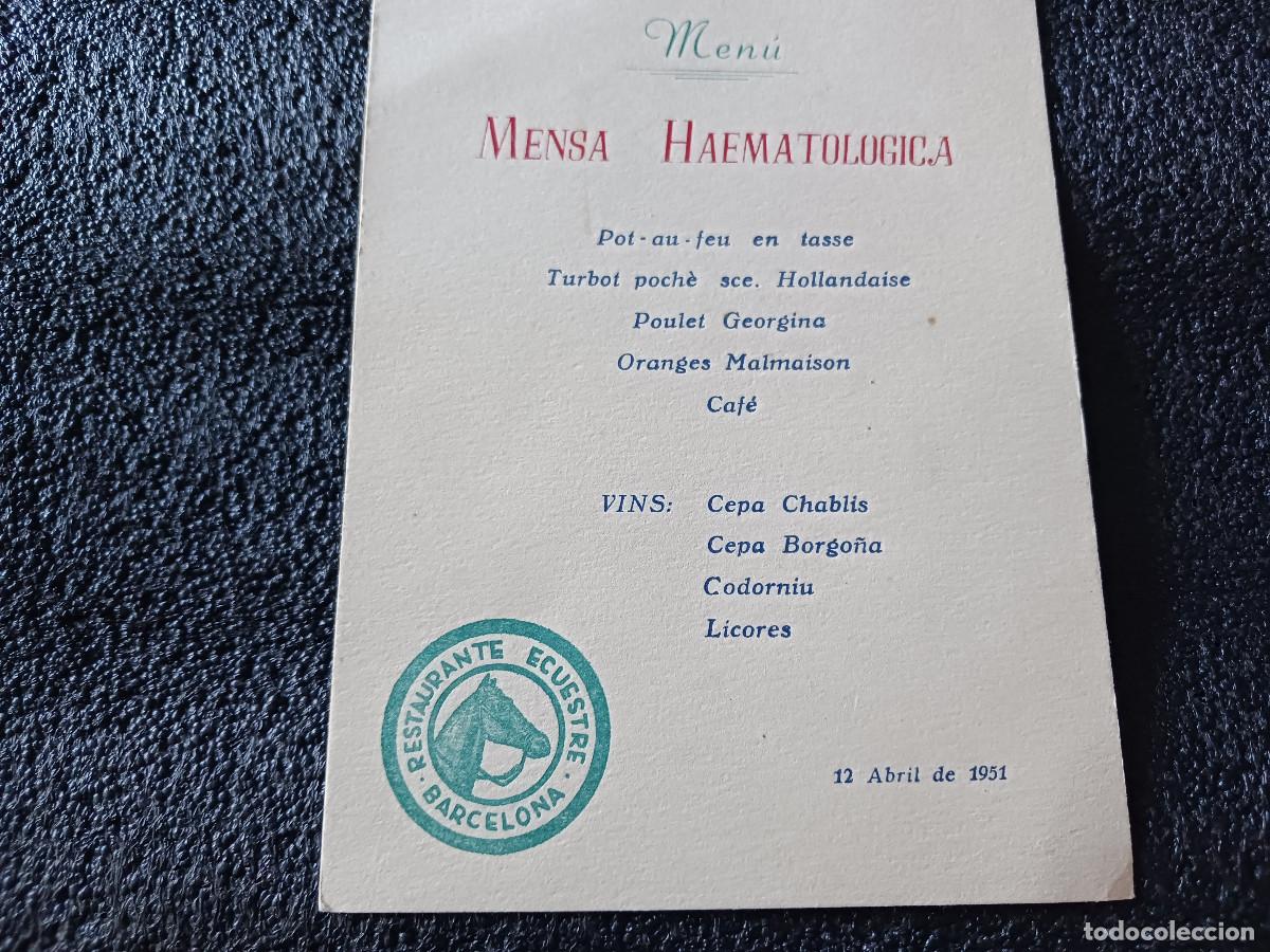 Coleccionismo: MENU DEL RESTAURANTE ECUESTRE DE , MENSA HAEMATOLOGICA 1951