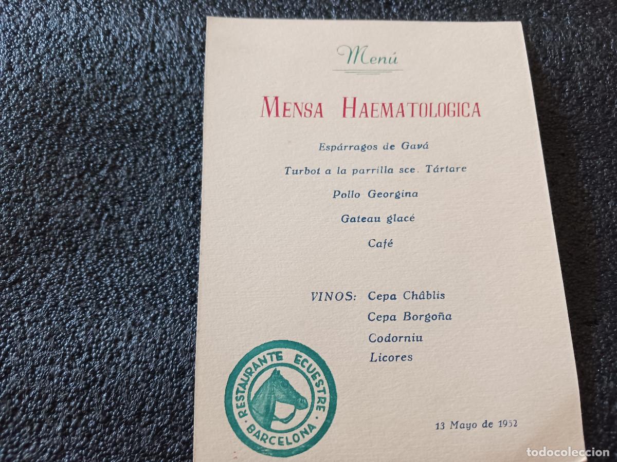 Collectionnisme: MENU DEL RESTAURANTE ECUESTRE DE BARCELONA, MENSA HAEMATOLOGICA 1952