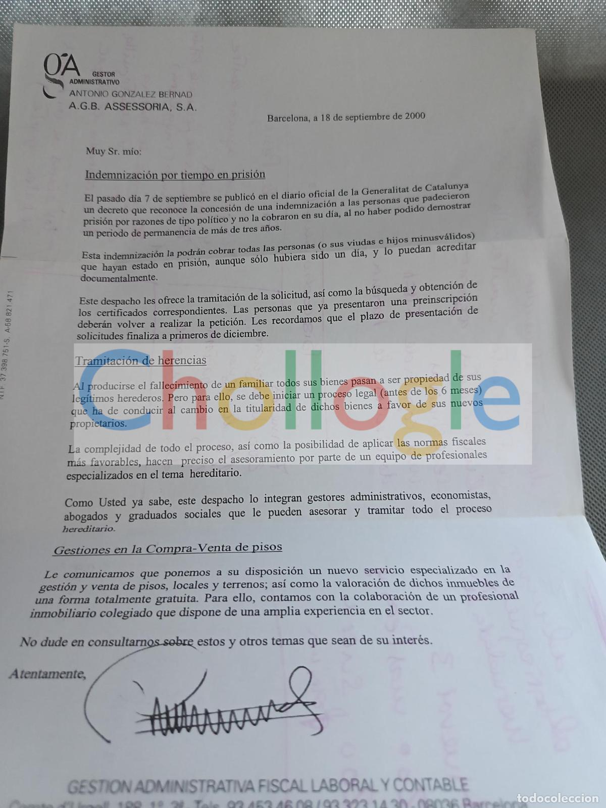 Coleccionismo: carta abogado indemnizacion tiempo en prisi&oacute;n A G B Assessoria Antonio Gonzalez Bernao