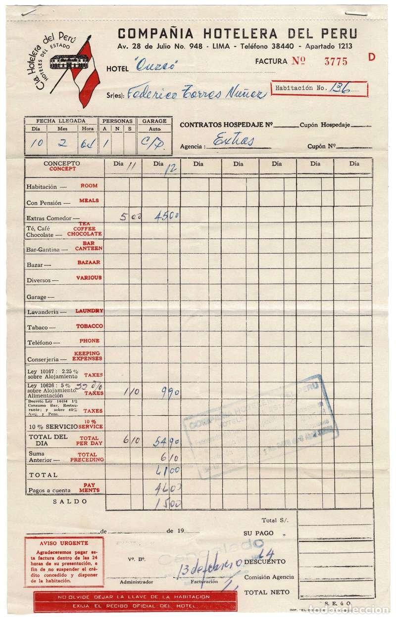 Coleccionismo: Factura de la Compa&ntilde;&iacute;a Hotelera del Per&uacute;. Hotel Cuzco, principios a&ntilde;os 60