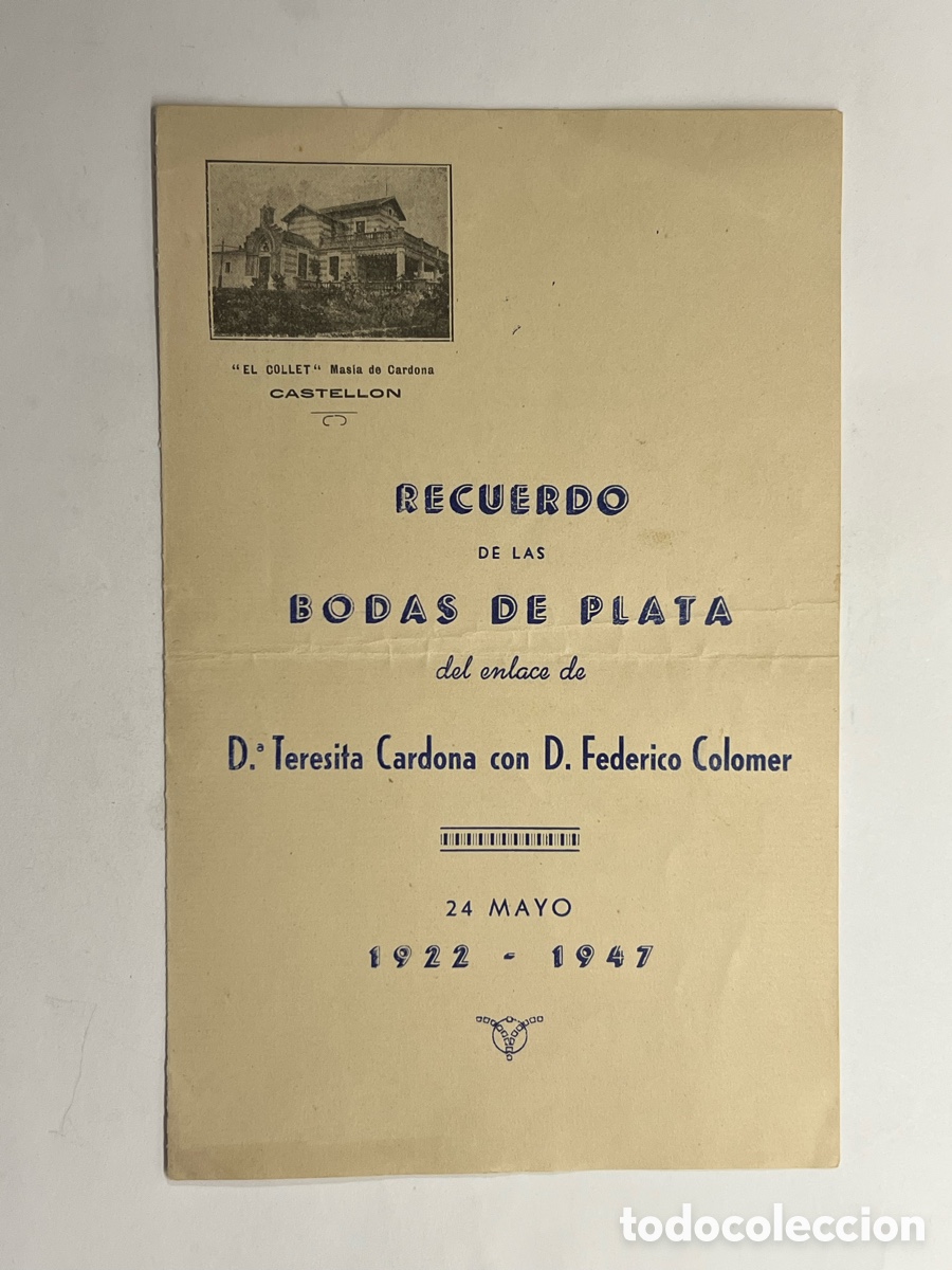Coleccionismo: CASTELL&Oacute;N.. EL COLLET, Masia de Cardona. Diptico Carta Men&uacute; (a.1947)