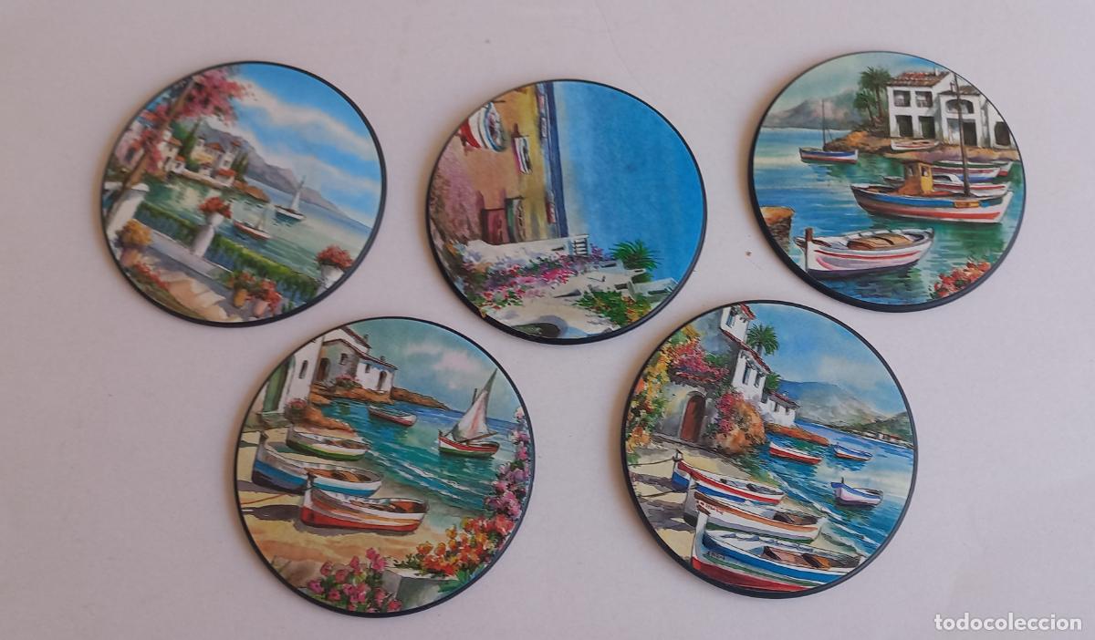 Coleccionismo: 5 posavasos con escenas marinas, creo que de Menorca, Baleares.