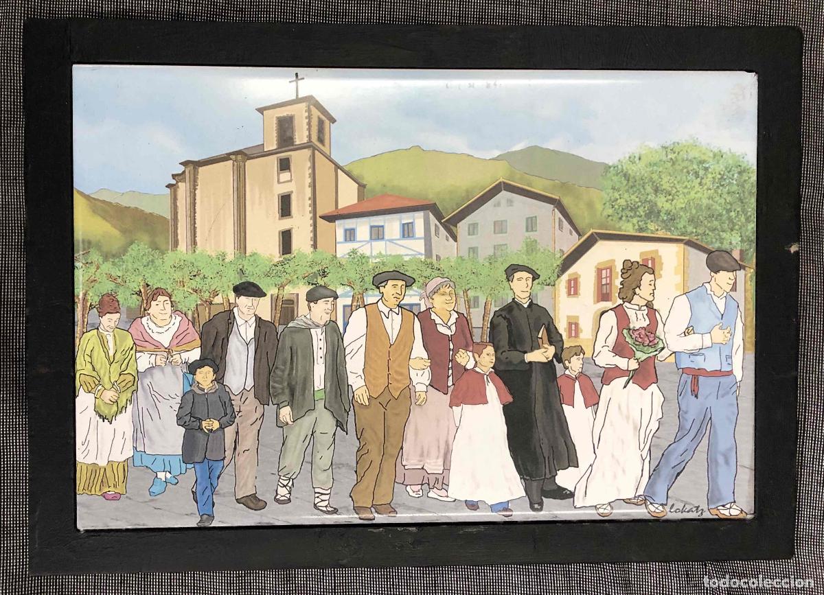 Coleccionismo: AZULEJO SOBRE MADERA CON ESCENA COSTUMBRISTA VASCA. BODA. FIRMADO LOKATZ. C.1980