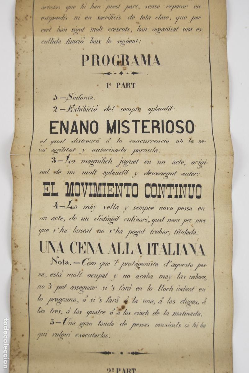 Coleccionismo: Programa de teatro de variedades y baile, siglo XIX, texto manuscrito en catal&aacute;n. 54x18,5cm
