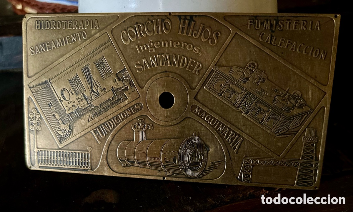 Coleccionismo: Placa Industrial de lat&oacute;n Relieve Cocina Caldera &ldquo;Corcho e Hijos&rdquo;
